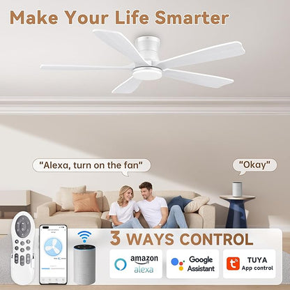 GentleBreeze 52" Wood Smart Low Profile Ceiling Fans with Lights Remote,Control via WIFI Alexa Google App,Quiet DC Motor,Outdoor Indoor Flush Mount Ceiling Fan for Modern Bedroom Patio Porch,White
