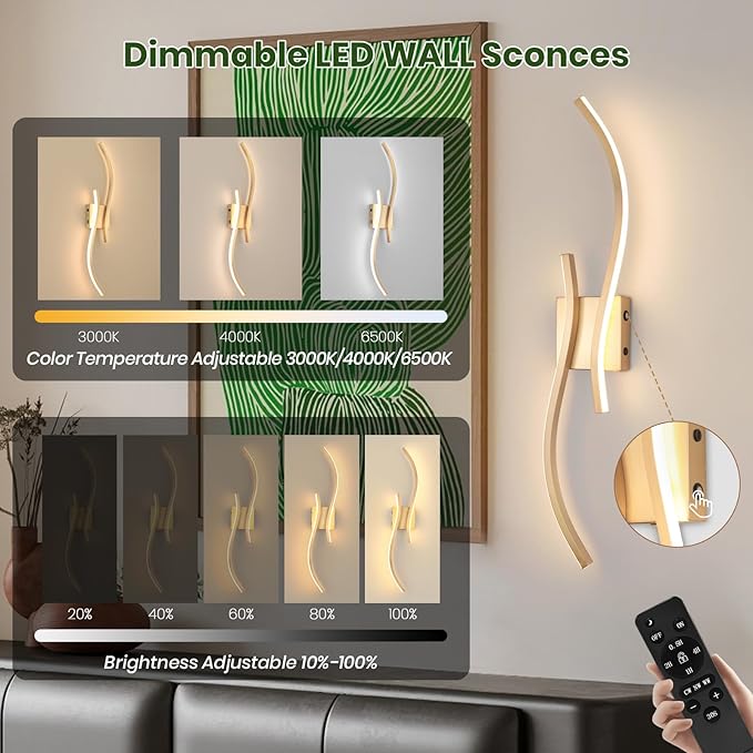 CANEOE Battery Operated Wall Sconces with Remote Control, Rechargeable Dimmable Touch Wall Sconces Set of Two, 3000K-6500K LED Wireless Wall Light for Living Room Bedroom Hallway,31.5inch(Gold)