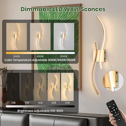 CANEOE Battery Operated Wall Sconces with Remote Control, Rechargeable Dimmable Touch Wall Sconces Set of Two, 3000K-6500K LED Wireless Wall Light for Living Room Bedroom Hallway,31.5inch(Gold)