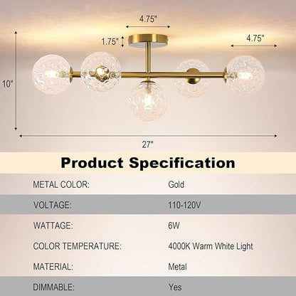 Gold Brass Globe Vanity Light - Vintage 5-Lights Wall Sconce - Sphere Round Lights Fixture with Hammered Clear Glass Shade - Mid Century Modern Sconces for Bathroom Bedroom Living Room Entryway Porch