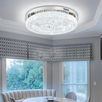 24'' Silver Modern Crystal Chandelier LED Dimmable Flush Mount Crystal Ceiling Light for Living Room Bedroom Dining Room