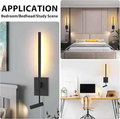 ZEROUNO Modern Plug in Wall Sconce Indoor Wall Light, Minimalist LED Line Wall Lamp with Switch, Adjustable Matte Black Wall lamp for Living Room Bedroom Hallway Reading etc