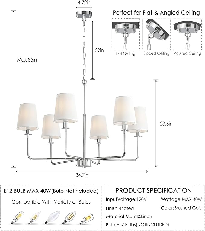6-Light Chrome Farmhouse Chandelier with Linen Shades, E12 Base Industrial Ceiling Light Fixture, Adjustable Chain for Sloped Ceilings, Kitchen Island & Dining Room Fixture