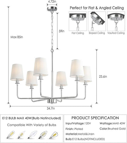 6-Light Chrome Farmhouse Chandelier with Linen Shades, E12 Base Industrial Ceiling Light Fixture, Adjustable Chain for Sloped Ceilings, Kitchen Island & Dining Room Fixture