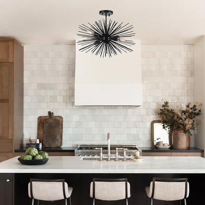 20in Black Sputnik Ceiling Light Fixtures Over Table 4-Lights Starburst Sputnik Chandelier Modern Solid Metal Semi Flush Mount Ceiling Light for Bedroom, Kitchen, Hallway, Laundry Room, E12