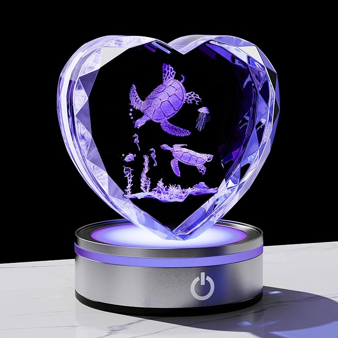 Qianwei Sea Turtel Gifts for Women 3D Crystal Heart - Laser Turtle Decor Glass Animals Sea Ocean Gifts Lamp Figurines Statue Stuff for Room Decorations Night Light