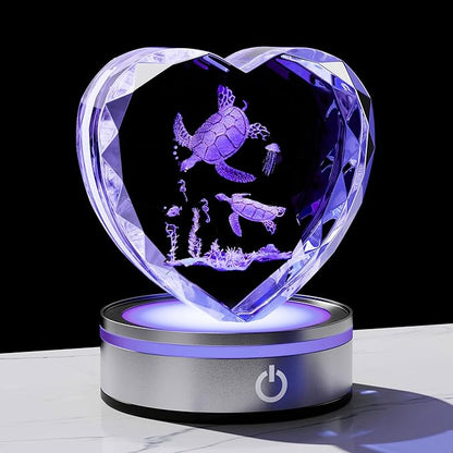 Qianwei Sea Turtel Gifts for Women 3D Crystal Heart - Laser Turtle Decor Glass Animals Sea Ocean Gifts Lamp Figurines Statue Stuff for Room Decorations Night Light