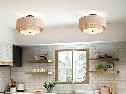 Shrine Lighting Double Drum Ceiling Light, Perfect Drum Light Fixture for Dining Room, D16'' x H7'', E12*3 Sockets, Beige Linen Fabric Lampshade & Black Rod