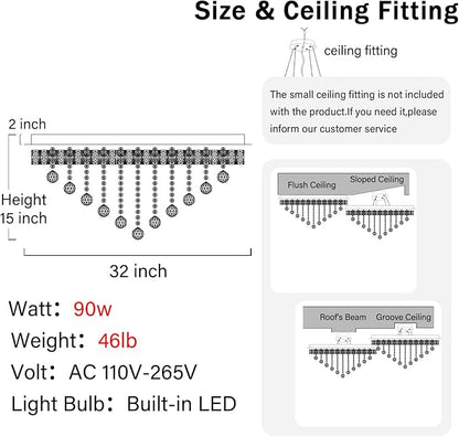 Dia 32" Modern Crystal Chandeliers for Dining Room,Gold Raindrop Chandelier Flush Mount Chandeliers for Living Room Bedrooms Dining Room Dimmable 2700k 4500k 6000k