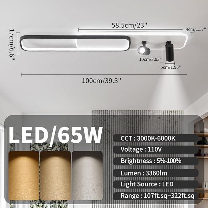 EIDISUNY Modern LED Ceiling Light Remote Control, 39.3in Linear Ceiling Light with 2 Adjustable Spotlights 65W, Dimmable 3CCT, Long Ceiling Light Fixture for Bedroom Kitchen Living Room