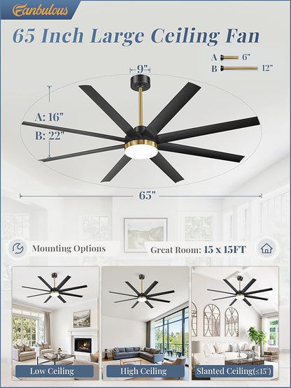 Fanbulous 65 Inch Large Ceiling Fans with Lights, Black Ceiling Fan with Remote Control, Dimmable, 3CCT, Quiet, Modern Ceiling fan For Living Room, Bedroom, Kitchen, Patio, Outdoor