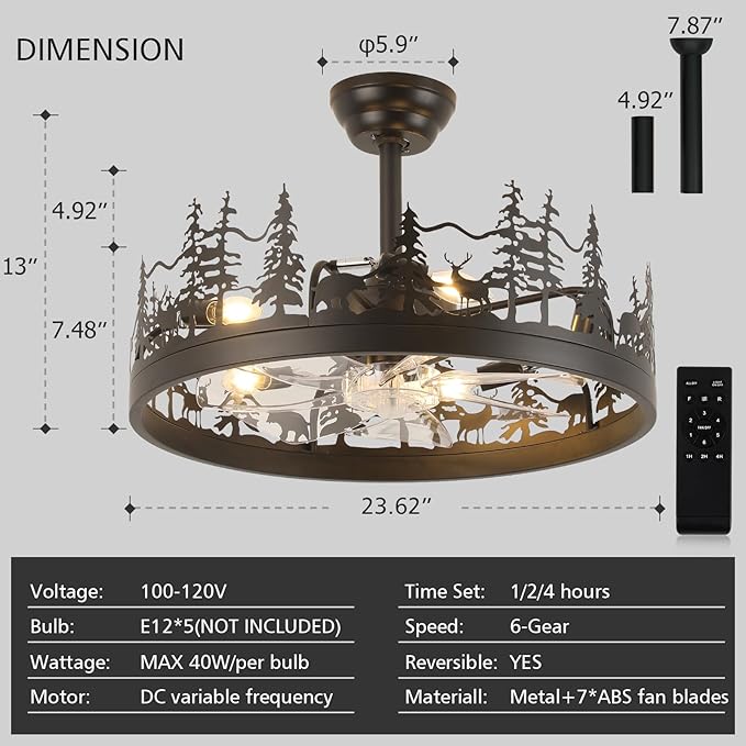 Rustic Ceiling Fans with Lights, 23" Deer Antler Ceiling Fan with Light, Adjustable Height, Rustic Farmhouse Ceiling Fans for Living Room, Bedroom, Hallway, Entryway Lighting