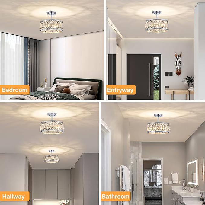 YURNYQ Crystal Ceiling Light Fixture, Modern Semi Flush Mount Ceiling Light, Chrome Lighting Ceiling Chandelier for Kitchen, Bedroom, Dining Room, Hallway, 3-Light, 12.2 Inch