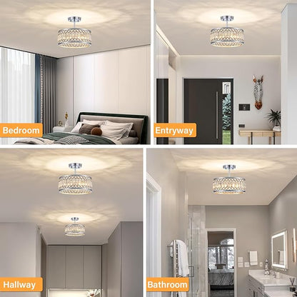 YURNYQ Crystal Ceiling Light Fixture, Modern Semi Flush Mount Ceiling Light, Chrome Lighting Ceiling Chandelier for Kitchen, Bedroom, Dining Room, Hallway, 3-Light, 12.2 Inch