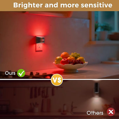 L LOHAS LED Night Light with Motion Sensor & Dusk to Dawn Sensor, Night Lights Plug into Wall with 30-100lm Adjustable Brightness, Dimmable Night Light for Bathroom Hallway, Red, 4 Pack