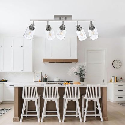 5 Light Multi-Directional Track Lighting Kit Brushed Nickel Kitchen Track Lighting Fixtures Ceiling Vanity Light Fixture with Clear Glass, Modern Rotatable E26 Spotlight for Kitchen Bathroom Hallway