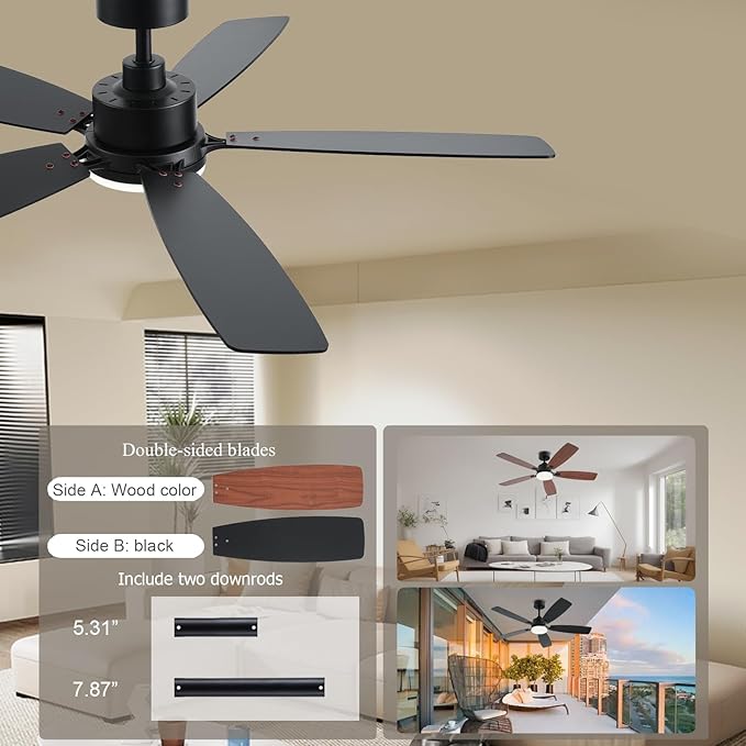 NKPU 52inch Ceiling Fans with Lights, Low Profile Ceiling Fan with Light and Remote/App Control, 2 Downrods, DC Reversible Motor, Noiseless, Dimmable Brown Ceiling Fan for Bedroom Livingroom