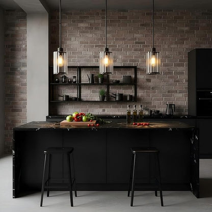 Modern Clear Fluted Glass Pendant Light 1 Pack - Thick Ribbed Glass with Soft Glow, Adjustable E26 Hanging Lamp for Kitchen Island & Dining Room