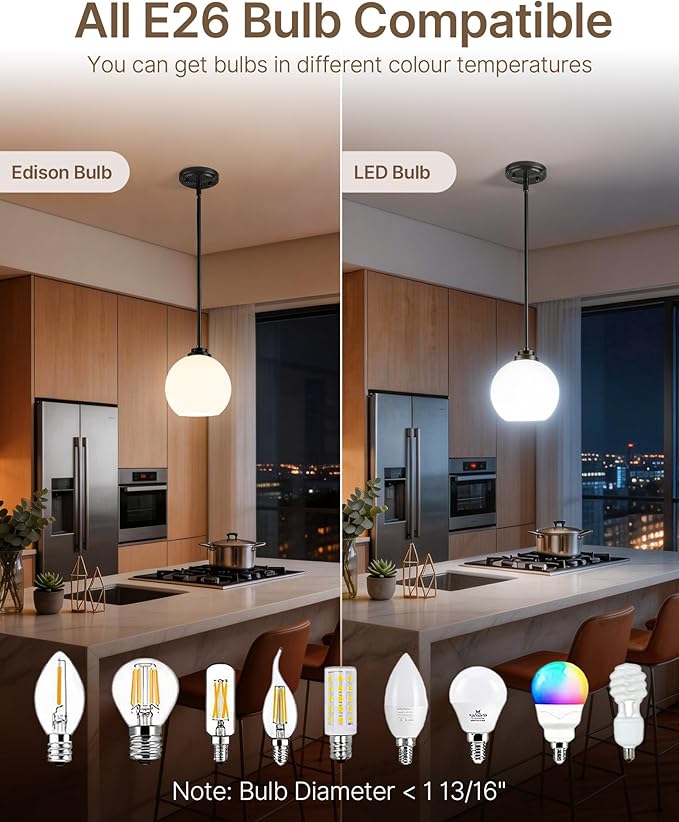 Majade Globe Pendant Lights Kitchen Island Pendant Light Fixtures 7.4 Inch Black Mid Century Modern Globe Pendant Lighting with Milk Glass Adjustable Hanging Light Fixtures for Dining Room living room