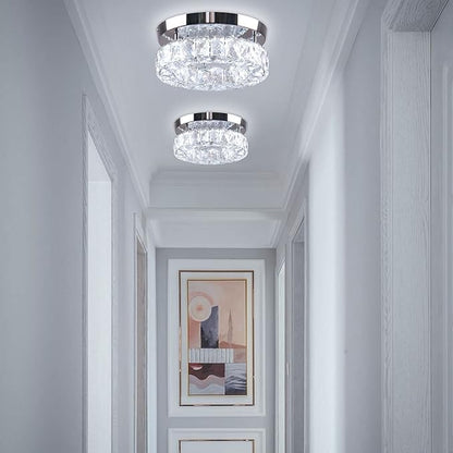 Dimmable Modern Crystal Chandeliers Round LED Ceiling Light with Remote Flush Mount Small Chandelier for Hallway Foyer Kitchen,Stair,Closet,3 Colors Adjustable,Memory Function