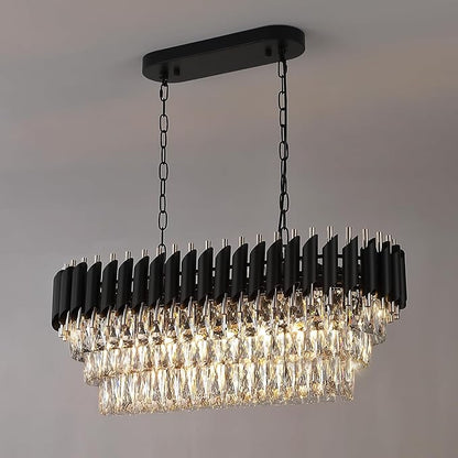 A AXILIXI Modern Rectangular Chandelier Black and Gold Crystal Chandeliers for Dining Room Linear Ceiling Pendant Light Long 32” Luxury Oval Chandelier 8 Lights for Kitchen Island Living Room