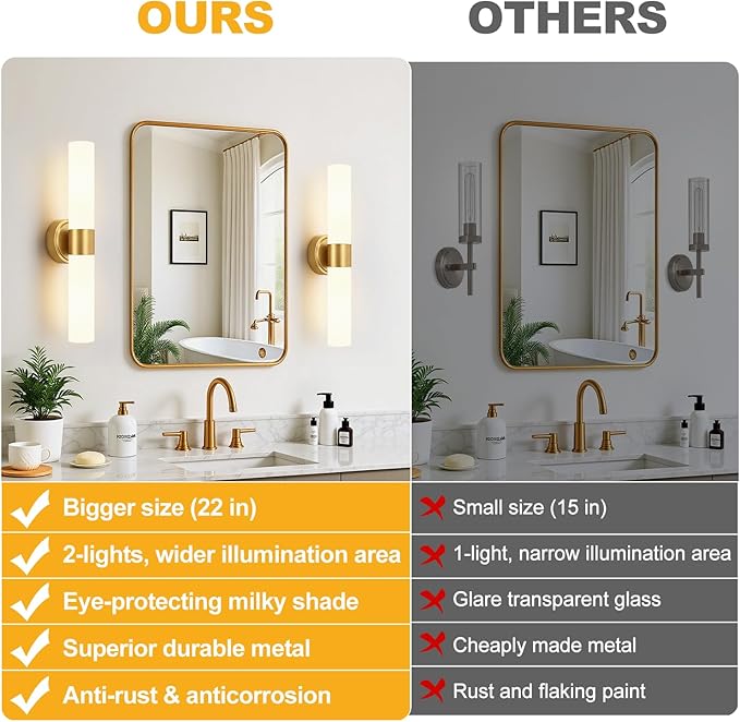 Brushed Gold Wall Sconce, Bathroom Sconces Wall Lighting with Milky White Glass, Modern Sconces Wall Light fixturesfor Bathroom Mirror Bedroom Living Room Hallway (Hardwired)