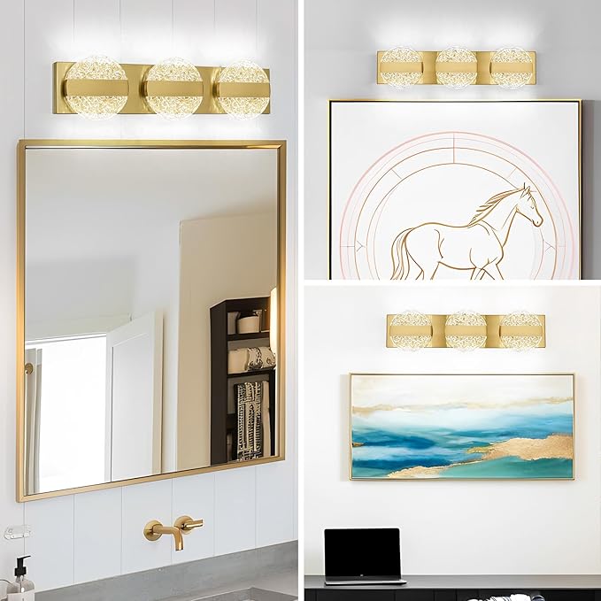 Luxury Brushed Gold Bathroom Vanity Light with High CRI 90+ LED for True Colors, 15W 6000K Cool White Modern Bathroom Lights Fixture Over Mirror for Makeup & Shaving