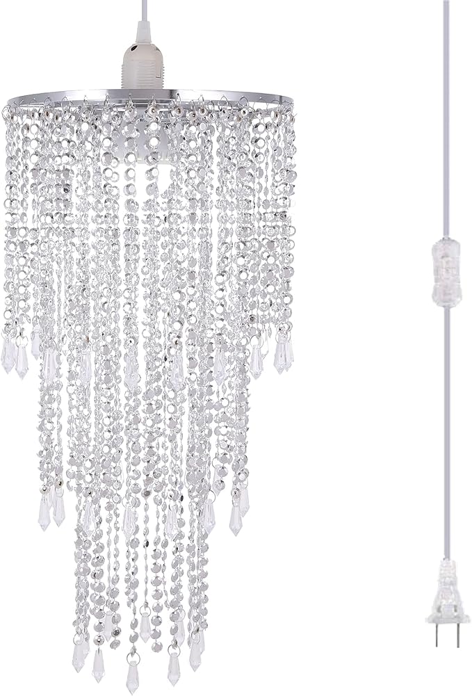 Plug in Classic Acrylic Chandelier(W10.25 x H20),Ceiling Light Beaded Pendant with Crystal Beads with ON/Off Switch and 16.4ft Clear Hanging Cord (H20 with PlugIn)
