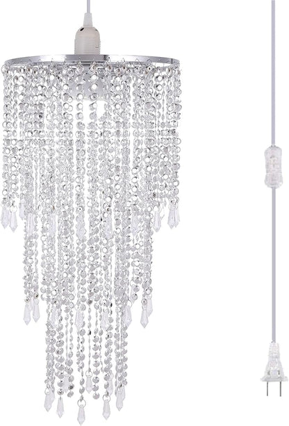 Plug in Classic Acrylic Chandelier(W10.25 x H20),Ceiling Light Beaded Pendant with Crystal Beads with ON/Off Switch and 16.4ft Clear Hanging Cord (H20 with PlugIn)