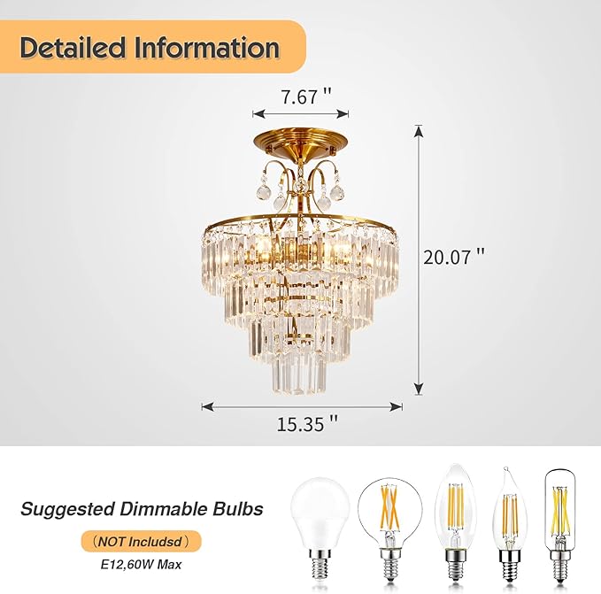 CVKASH 5 -Lights Crystal Gold Chandelier Fixture Modern Semi Flush Mount Ceiling Light with E12 Ceiling Lighting for Bedroom Living Room Kitchen Hallway Dining Room,D15.35 x H20.07