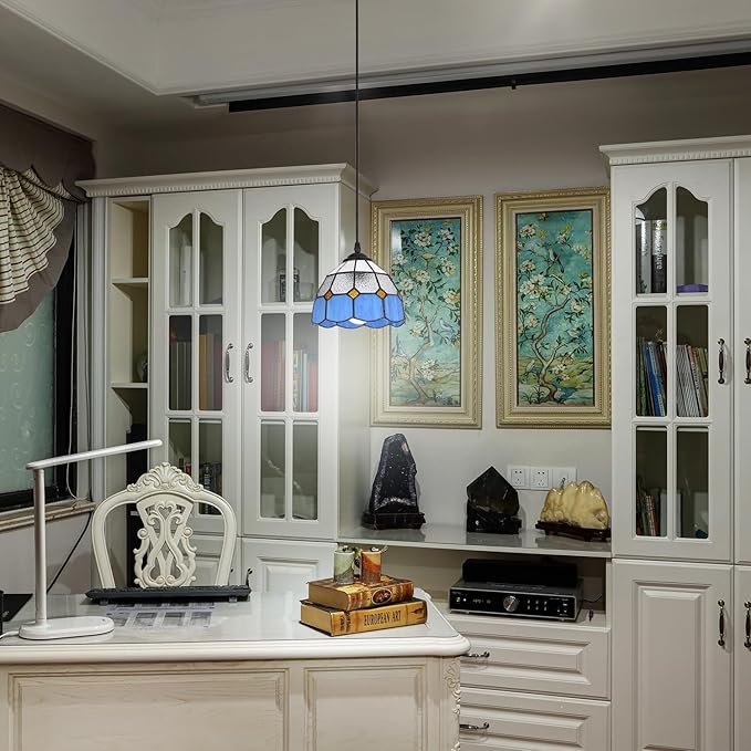 HuisMier Tiffany Style Plug in Pendant Light, Dimmable Small Hanging Lights with 15 Ft Plug in Cord, Vintage Stained Glass Swag Lamp for Dining Room Bedroom Living Room Porch, 7.9" Width