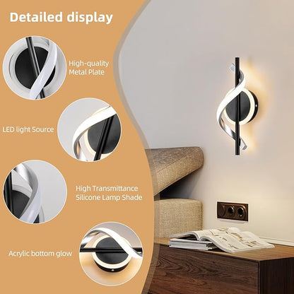 EIDISUNY LED Wall Sconces Indoor, 12W LED Wall Mount Lights, Modern Spiral Wall Lamp, 3000K Warm White LED Light Fixture for Stairs Living Room Bedroom Aisle Hallway (Warm White, Black)