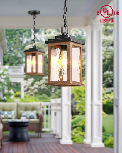 VIANIS Outdoor Pendant Light Fixtures, Wood Grain Outside Hanging Lights Lantern, Outdoor Ceiling Lights for Porch with Waterproof, Aluminum Porch Lights Ceiling with Water Ripple Glass