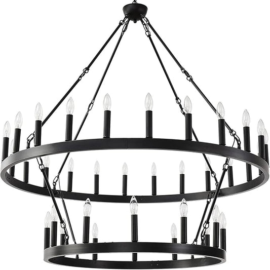 48 Inch Large Black Wagon Wheel Chandelier,2 Tier 36-Lights Farmhouse Industrial Country Style Round Pendant Light Fixture for Outdoor Porch high Ceilings Living Dining Room Foyer Entryway
