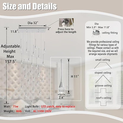 24-Lights Raindrop Chandeliers for Dining Room, Chrome Rectangular Pendant Lights Fixture,Teardrop Pendant Lights Kitchen Island, Adjustable Rectangular Chandelier for Entryway Foyer High Ceiling