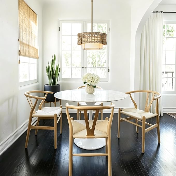 12.6" Rattan Pendant Light, 1-Light Boho Chandelier Light Fixture with Fabric Shade, Wicker Hanging Ceiling Lighting Fixture for Dining Room, Living Room, Kitchen Island, Bedroom, Hallway, Foyer