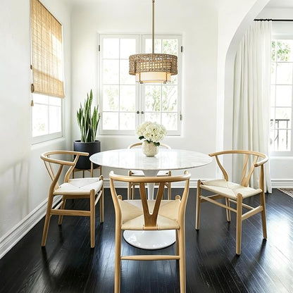 12.6" Rattan Pendant Light, 1-Light Boho Chandelier Light Fixture with Fabric Shade, Wicker Hanging Ceiling Lighting Fixture for Dining Room, Living Room, Kitchen Island, Bedroom, Hallway, Foyer