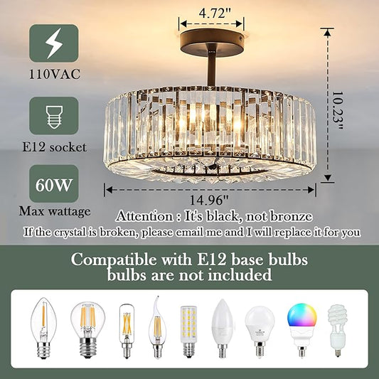 Piepooye 4 Lights Modern Crystal Chandelier Black Round Semi Flush Mount Ceiling Light Fixture Farmhouse Chandelier for Dinning Room Living Room Bedroom Hallway Entryway Kitchen