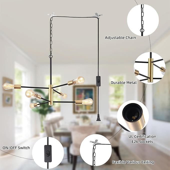 Plug in Chandelier Lighting with Long Cord, 6 Lights Modern Hanging Lights with Plug in Cord 15.09ft&On/Off Switch, Hanging Lamp Plug in Pendant Light Fixture for Dining Room Bedroom Kitchen