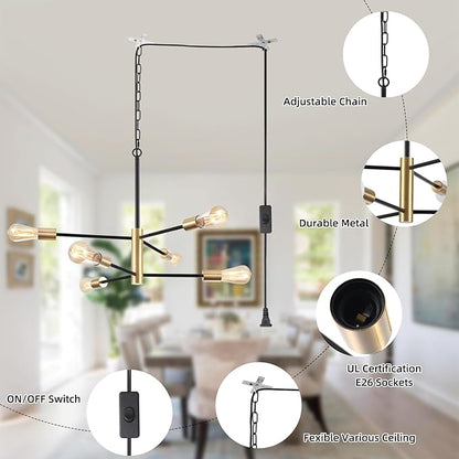 Plug in Chandelier Lighting with Long Cord, 6 Lights Modern Hanging Lights with Plug in Cord 15.09ft&On/Off Switch, Hanging Lamp Plug in Pendant Light Fixture for Dining Room Bedroom Kitchen
