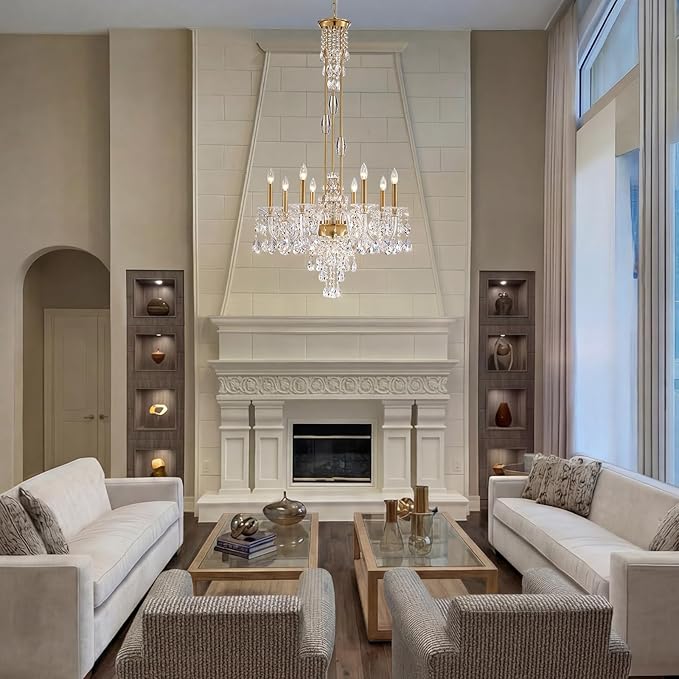 8-Light Crystal Candle Chandelier, Brass Gold Chandelier for Dining Room, Entryway & Living Room, Adjustable Height, E12 Base