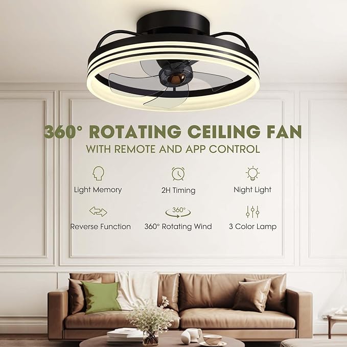 LUDOMIDE Ceiling Fans with Lights, 360° Rotating Ceiling Fan with Lights and Remote, 6 Wind Speeds Smart Low Profile Ceiling Fan for Bedroom, Kids Room and Living Room 20"
