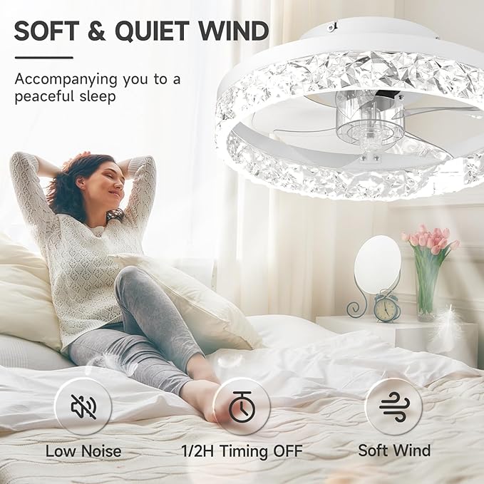 VOLISUN Fandelier Ceiling Fans with Light, 15.7in Low Profile Ceiling Fan with Light and Remote, 3000K-6500K Dimmable Bladeless Ceiling Fan Flush Mount, White Modern Ceiling Fan with Light for Bedroom