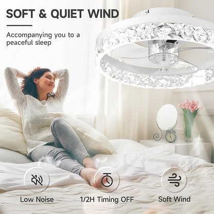 VOLISUN Fandelier Ceiling Fans with Light, 15.7in Low Profile Ceiling Fan with Light and Remote, 3000K-6500K Dimmable Bladeless Ceiling Fan Flush Mount, White Modern Ceiling Fan with Light for Bedroom