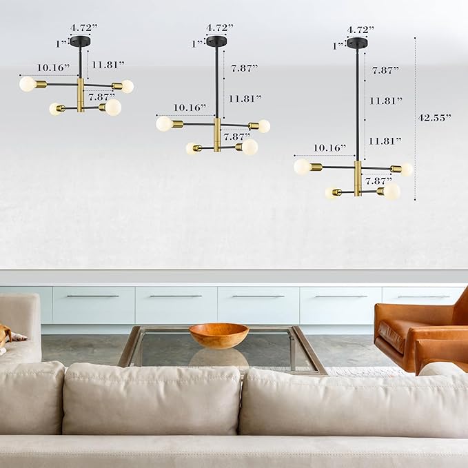 Modern Sputnik Chandelier Adjustable 4-Light Industrial Ceiling Light Fixture Mid Century Semi Flush Mount Ceiling Light Fixture Farmhouse Pendant Lighting for Dining Room Bedroom Gold