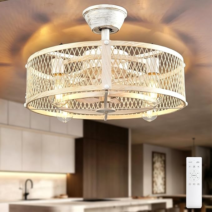 Depuley Outdoor Ceiling Fan with Light: 20" Caged Ceiling Fans with Remote Control for Patio Kitchen Bedroom - Farmhouse Fandelier Flush Mount Lights Fixture Reversible 6 Speed Timer Cement