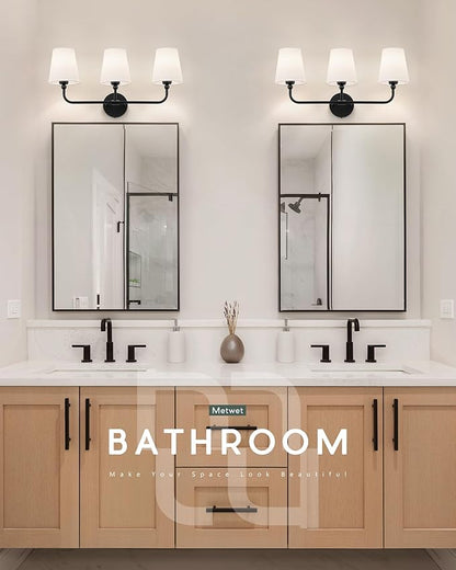Bathroom Light Fixtures, Matte Black Vanity Lights with Flared White Fabric Shade, 3 Light Wall Sconce, Modern Sconces Wall Lighting for Hallway Bedroom, VL837-MB-3
