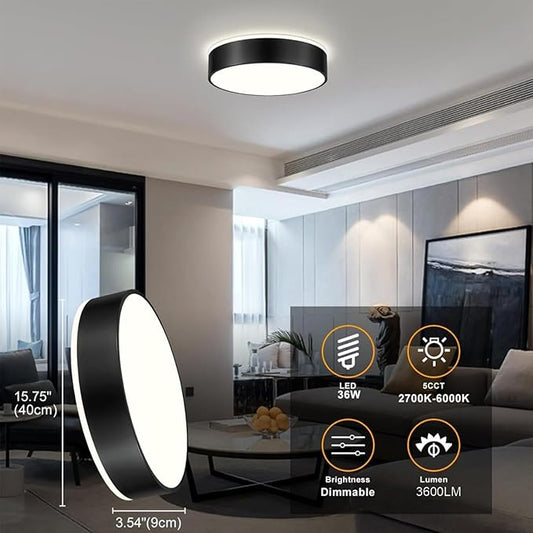 Black Flush Mount Ceiling Lights, Modern Dimmable 5CCT Close to Lighting Fixture, 2700K-6000K LED Round Ceiling Lamp for Bedroom, Bathroom, Dining Room, Living Room-15.8in
