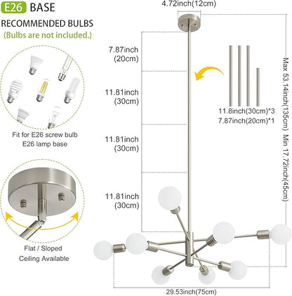 Brushed Nickel Chandeliers Modern Sputnik Chandelier 8-Light Mid Century Ceiling Lighting Fixture for Living Room, Kitchen, Bedroom, Dining Room, and Farmhouse