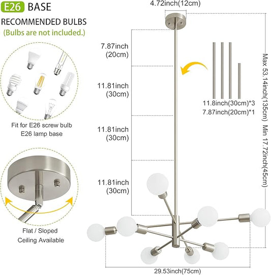 Brushed Nickel Chandeliers Modern Sputnik Chandelier 8-Light Mid Century Ceiling Lighting Fixture for Living Room, Kitchen, Bedroom, Dining Room, and Farmhouse